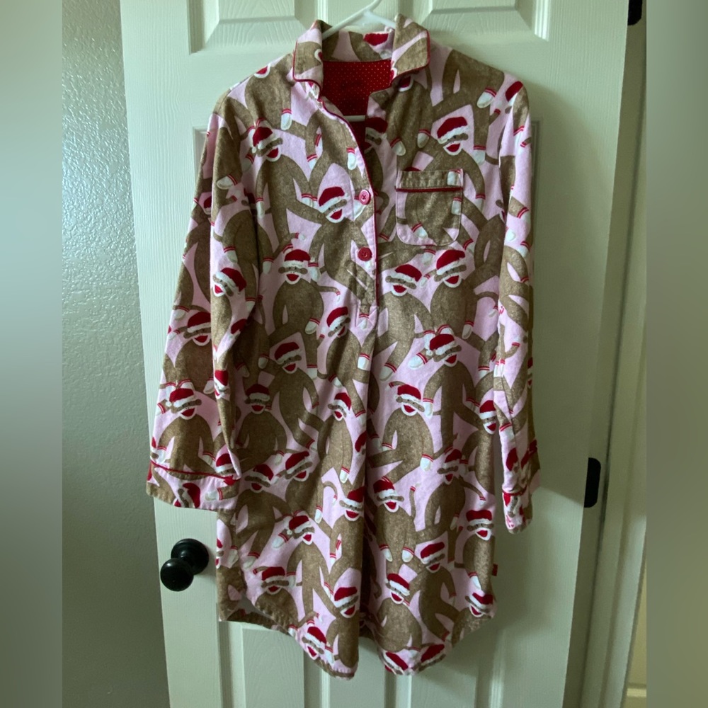 Nick & Nora Sock monkey w/ Santa hat flannel nightgown